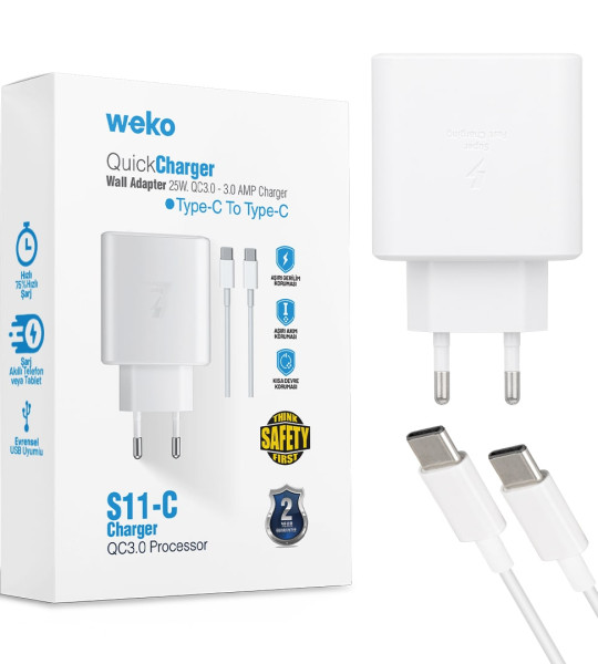 25 WATT ŞARJ BAŞLIK ADAPTÖRÜ + TYPE-C TO TYPE-C KABLO (NO:9T)21440 WEKO WK-21440 S11-C