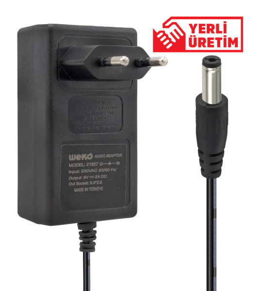 9 VOLT - 2 AMPER 5.5*2.5 UÇLU YERLİ ÜRETİM PLASTİK KASA PRİZ TİPİ ADAPTÖR21827